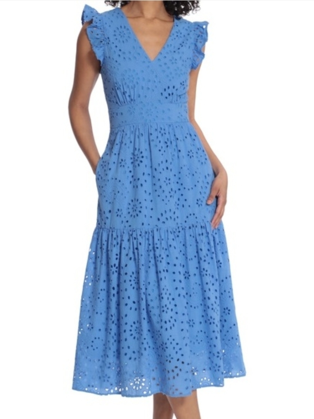 Maggy London Sky Blue Eyelet Midi Dress with Ruffle Sleeves